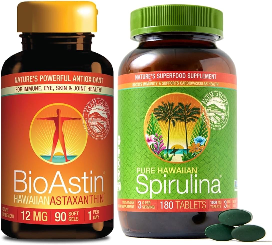Nutrex BioAstin Hawaiian Astaxanthin 12mg + Pure Hawaiian Spirulina 1000mg Tablets Bundle - 90 Count and 180 Count