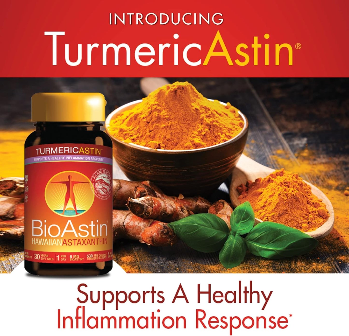Nutrex Hawaii TurmericAstin Capsules - Turmeric, Astaxanthin, BioPerine - 30 Count