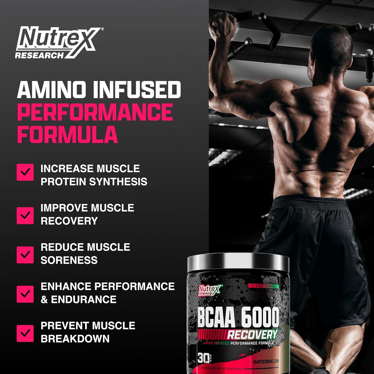 Nutrex Research BCAA Powder 6000: Amino Acid Supplement for Post-Workout Recovery & Muscle Growth - Watermelon Flavor, 30 Servings - BoostGo Australia