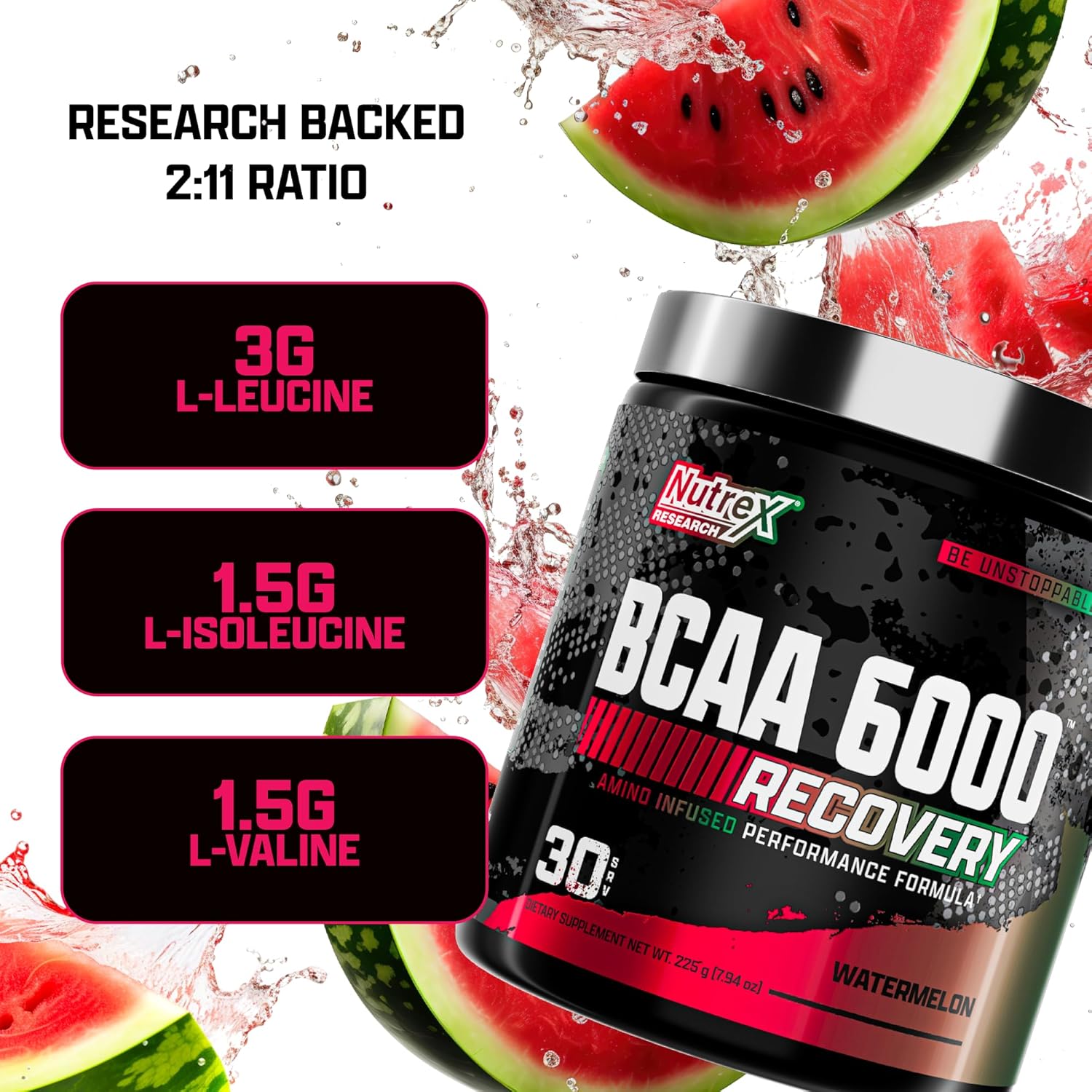 Nutrex Research BCAA Powder 6000: Amino Acid Supplement for Post-Workout Recovery & Muscle Growth - Watermelon Flavor, 30 Servings - BoostGo Australia
