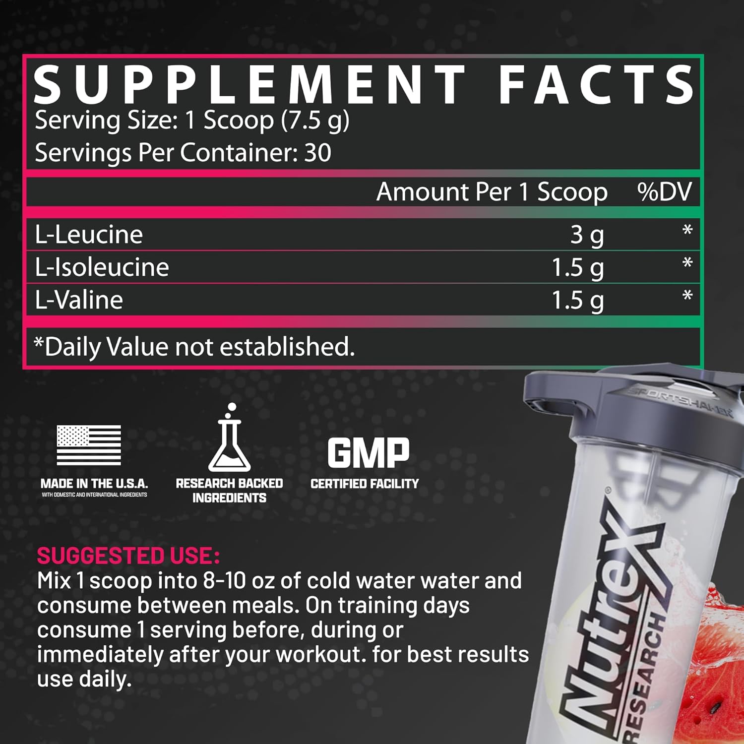 Nutrex Research BCAA Powder 6000: Amino Acid Supplement for Post-Workout Recovery & Muscle Growth - Watermelon Flavor, 30 Servings - BoostGo Australia
