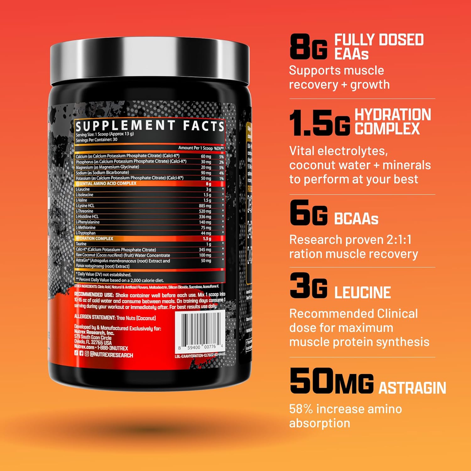 Nutrex Research EAA Hydration: Essential Amino Acid + BCAA Powder for Muscle Recovery, Strength, and Endurance - Blood Orange Flavor