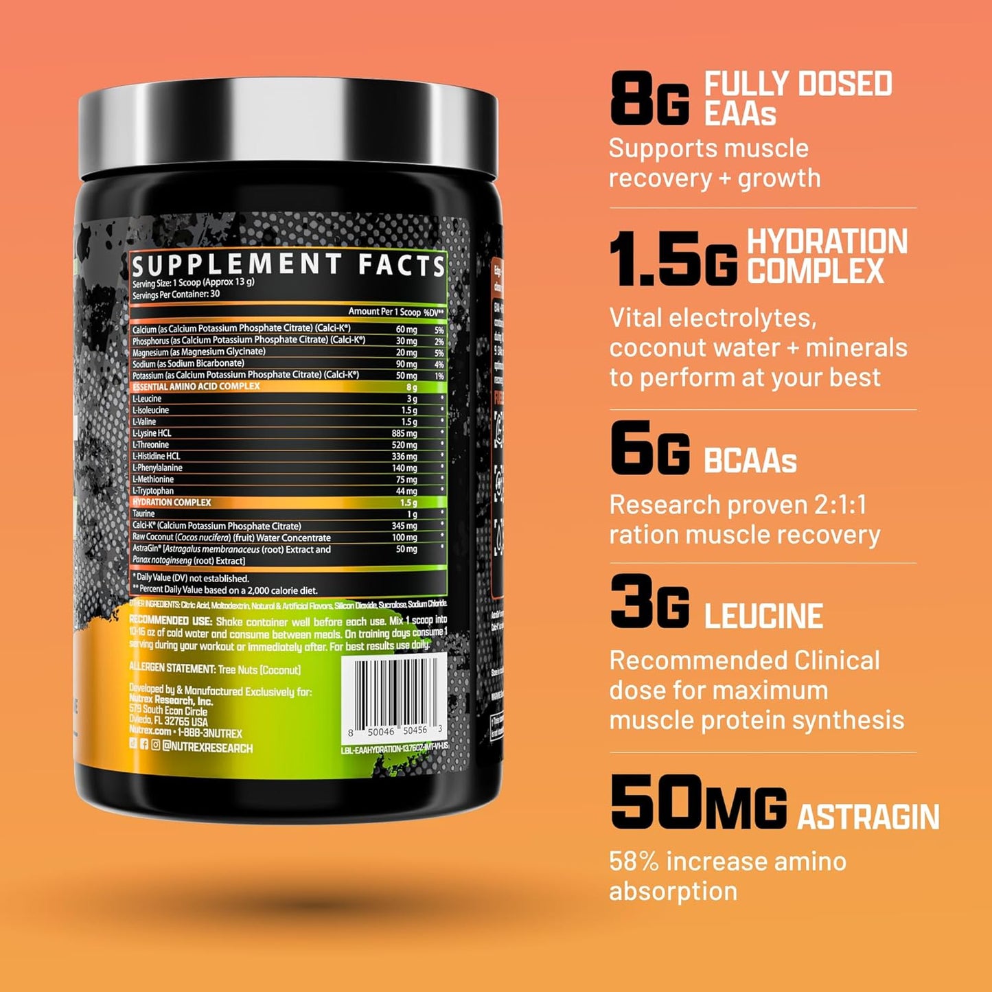 Nutrex Research EAA Hydration: Essential Amino Acids + Electrolytes for Muscle Recovery, Strength, and Endurance - Mango Flavor, 30 Servings
