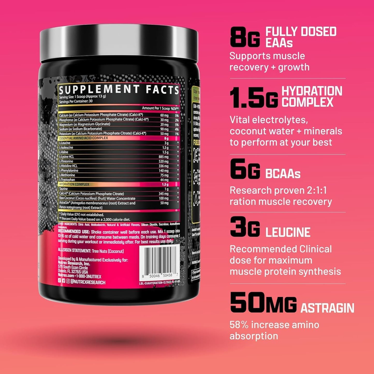 Nutrex Research EAA Hydration Powder for Muscle Recovery and Strength - 8g Amino Acids + Electrolytes - Pink Lemonade Flavor - 30 Servings