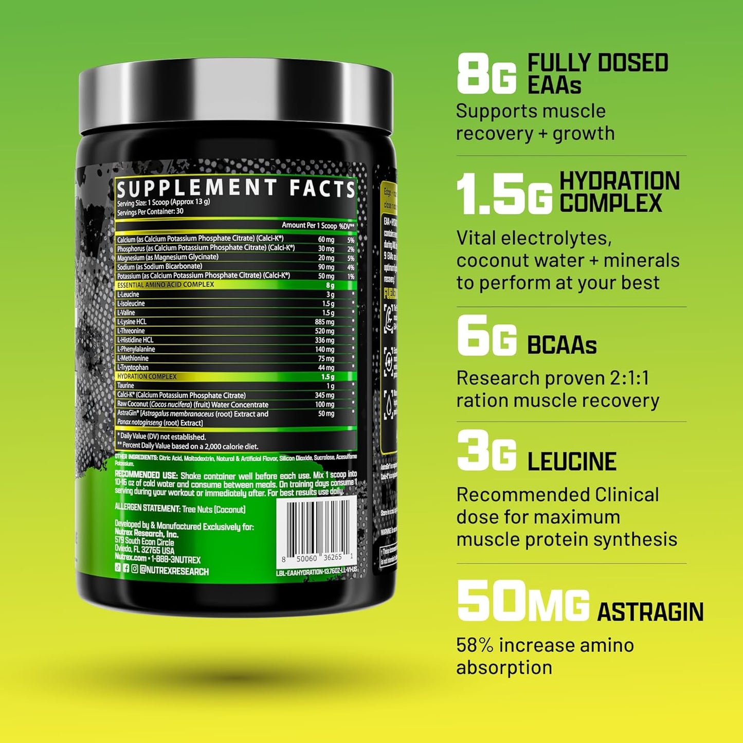 Nutrex Research EAA Hydration Supplement for Muscle Recovery and Endurance - 8G EAAs + Electrolytes - Lemon Lime Flavor - 30 Servings