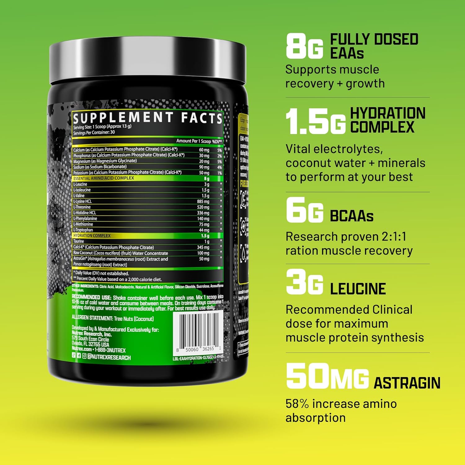 Nutrex Research EAA Hydration Supplement for Muscle Recovery and Endurance - 8G EAAs + Electrolytes - Lemon Lime Flavor - 30 Servings