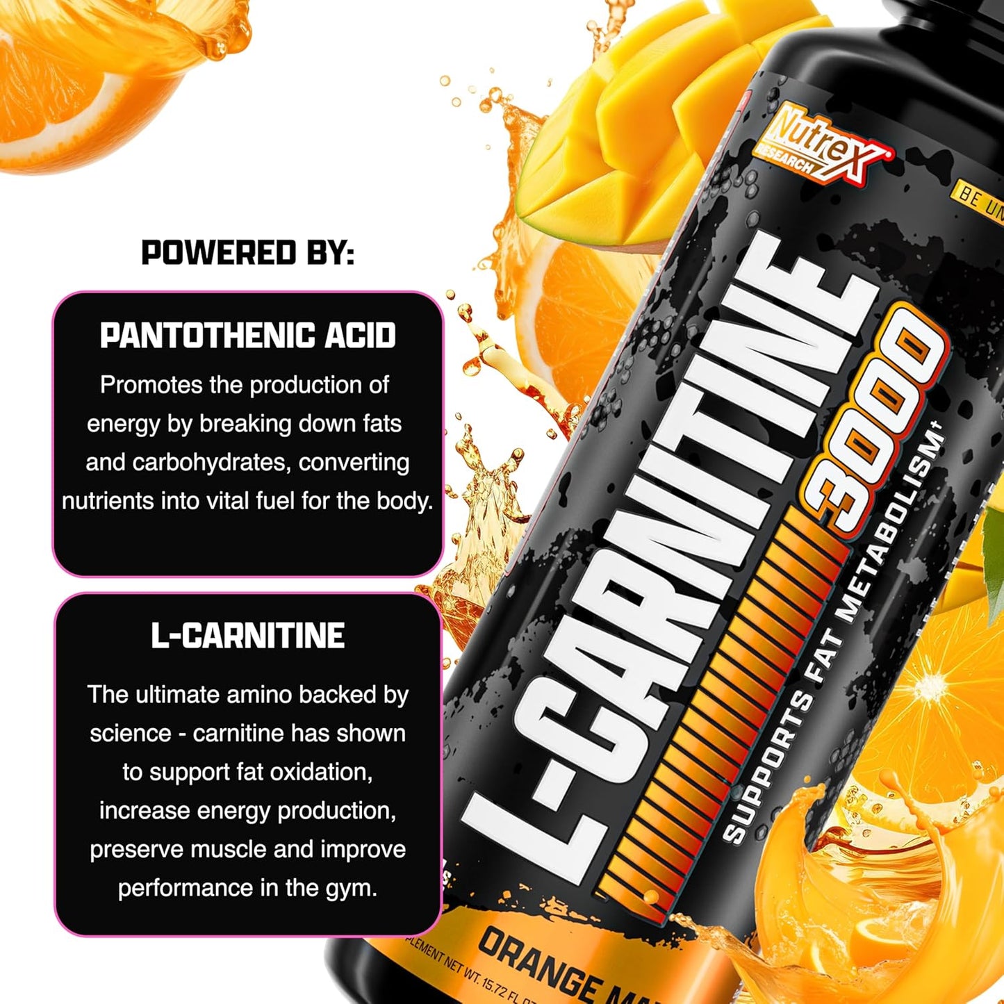 Nutrex Research Liquid Carnitine 3000 | Premium Fat Loss Support Supplement | Orange Mango Flavor | 16 Fl Oz Bottle