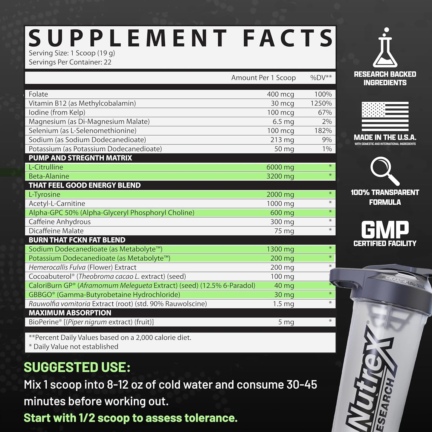 Nutrex Research Outlift Burn Pre Workout Powder, 2-in-1 Performance & Shredding Supplement with Metabolyte and GBBGO (22 Servings, Red White Merica)