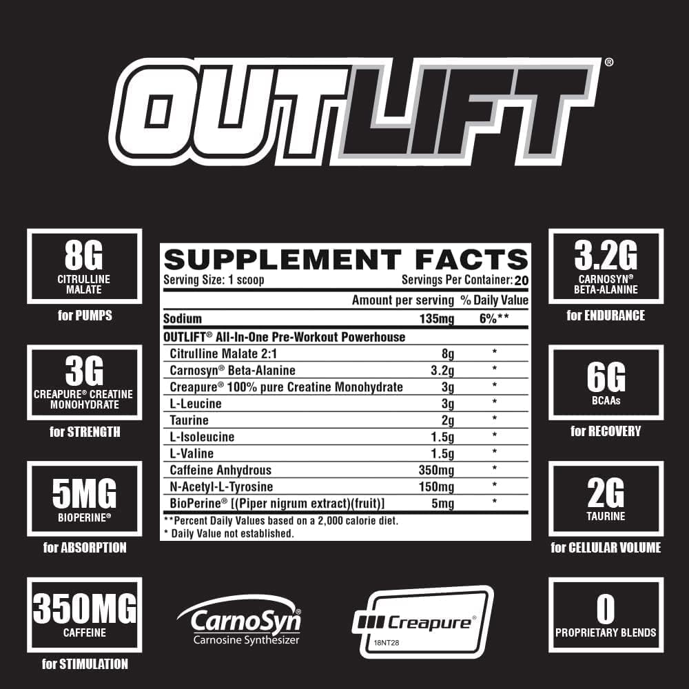 Nutrex Research Outlift Miami Vice Pre Workout Powder - Clinically Dosed Supplement for Energy, Pumps, Citrulline, BCAA, Creatine, Beta-Alanine - 20 Servings for Men and Women