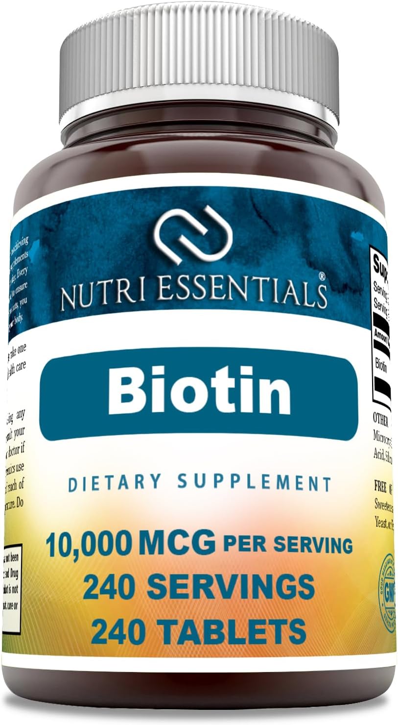Nutri Essentials Biotin 10,000 mcg Supplement - 240 Tablets, Non-GMO, Gluten Free - Made in USA