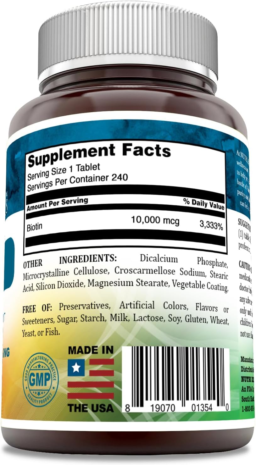 Nutri Essentials Biotin 10,000 mcg Supplement - 240 Tablets, Non-GMO, Gluten Free - Made in USA