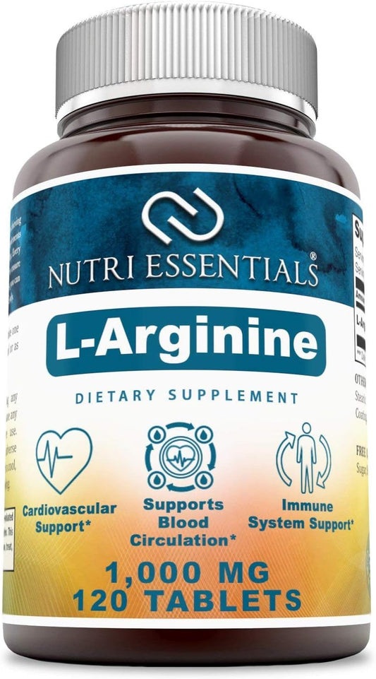 Nutri Essentials L-Arginine 1000mg Tablets - Cardiovascular & Immune Support - Blood Circulation Boost - 120 Count