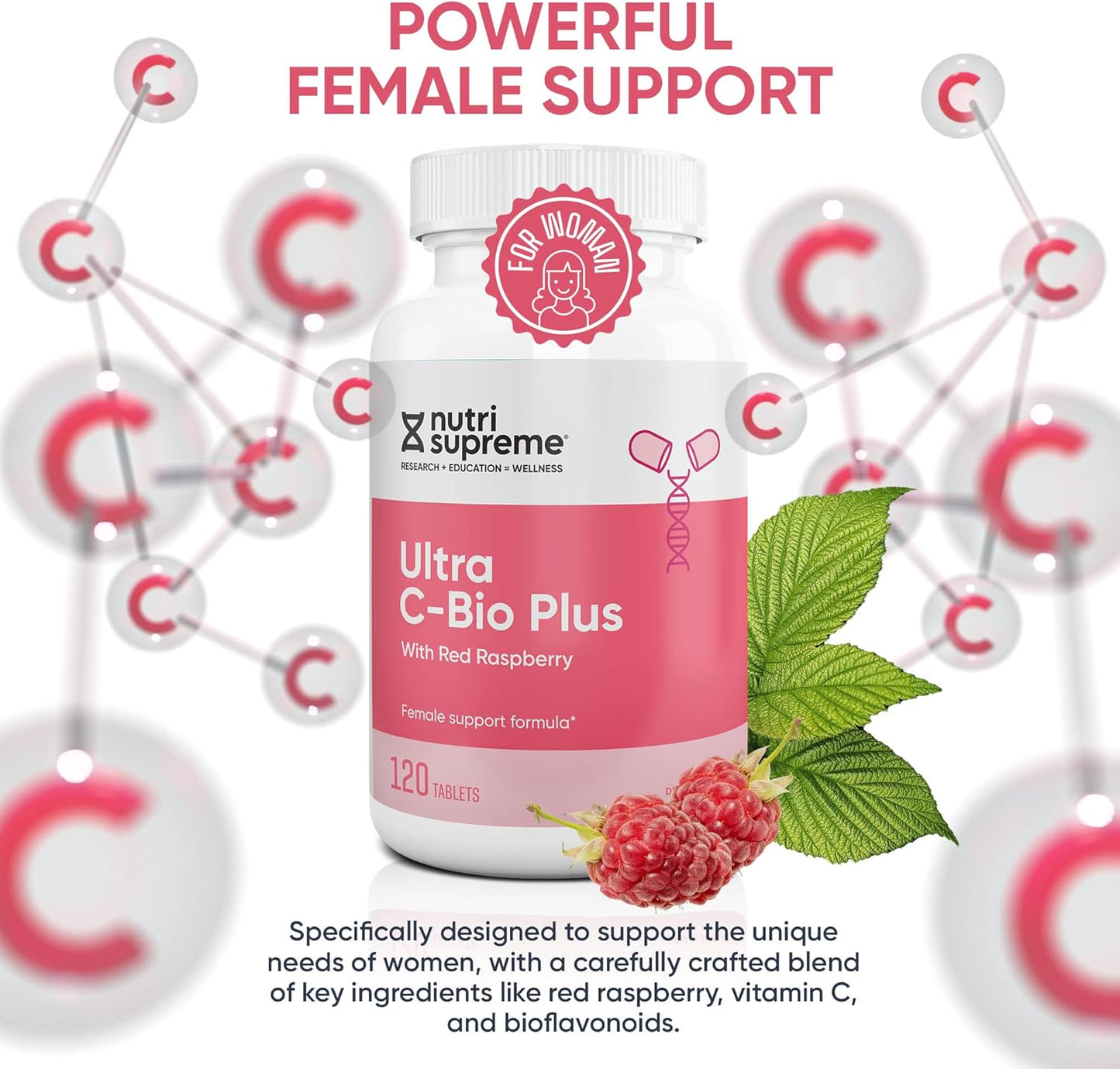 Nutri Supreme Ultra C-Bio Plus - Female Support Formula with Red Raspberry, Vitamin C, Bioflavonoids - 120 Tablets, Vegetarian, Kosher