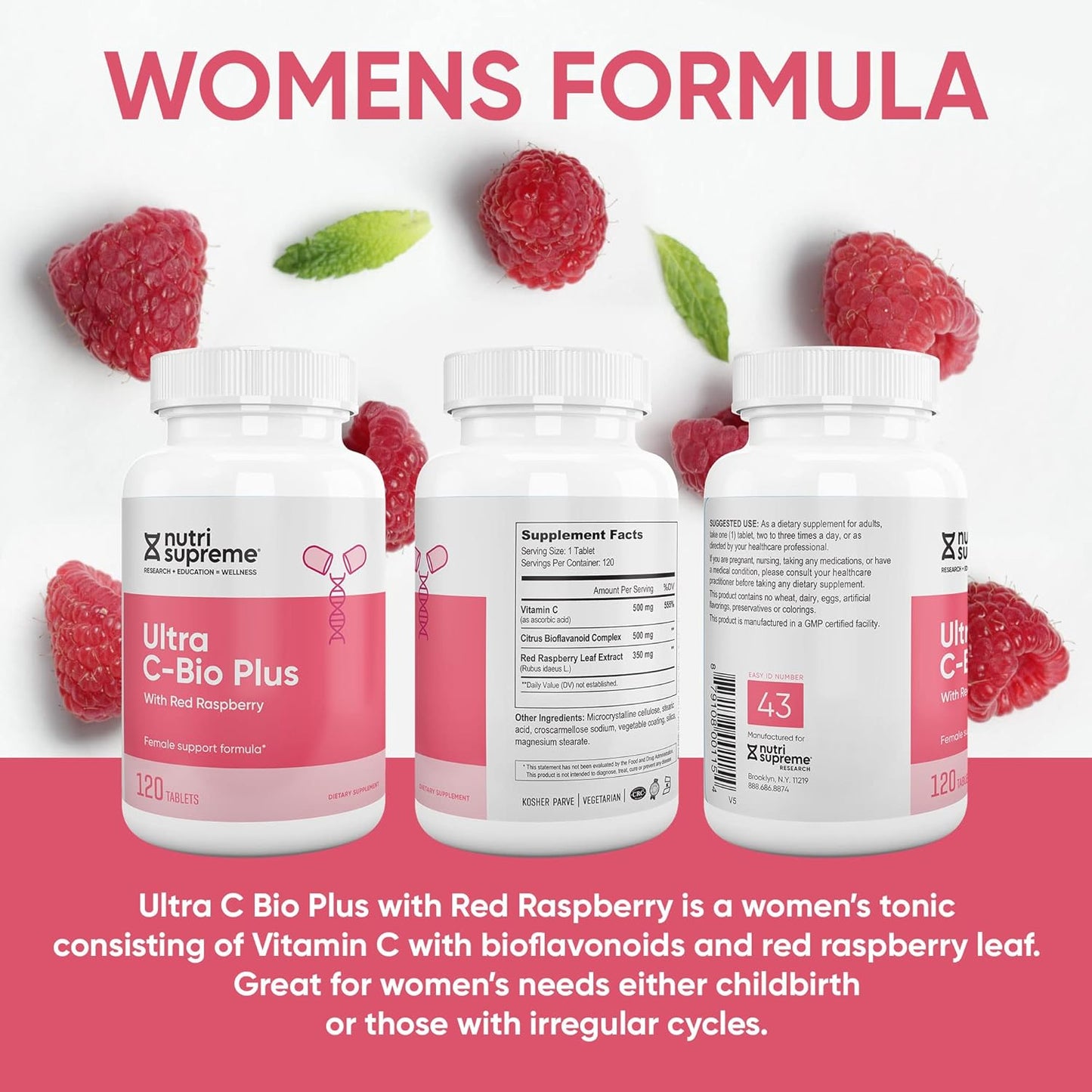 Nutri Supreme Ultra C-Bio Plus - Female Support Formula with Red Raspberry, Vitamin C, Bioflavonoids - 120 Tablets, Vegetarian, Kosher