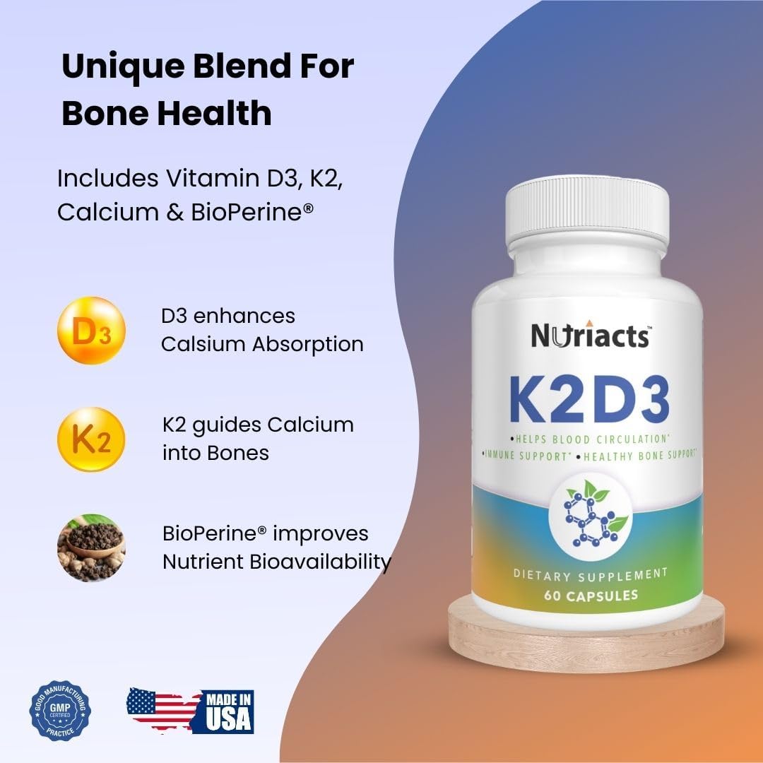 Nutriacts Vitamin D3 K2 with Calcium & BioPerine Capsules - Bone Health & Cardio Support - Non-GMO & Sugar Free