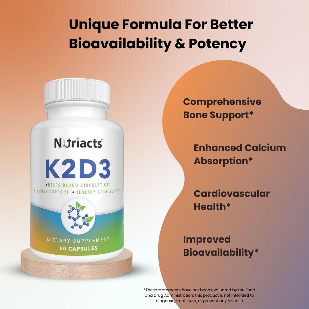 Nutriacts Vitamin D3 K2 with Calcium & BioPerine Capsules - Bone Health & Cardio Support - Non-GMO & Sugar Free