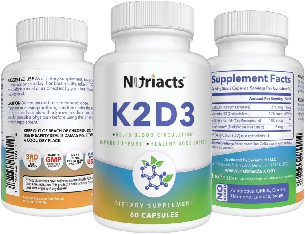 Nutriacts Vitamin D3 K2 with Calcium & BioPerine Capsules - Bone Health & Cardio Support - Non-GMO & Sugar Free