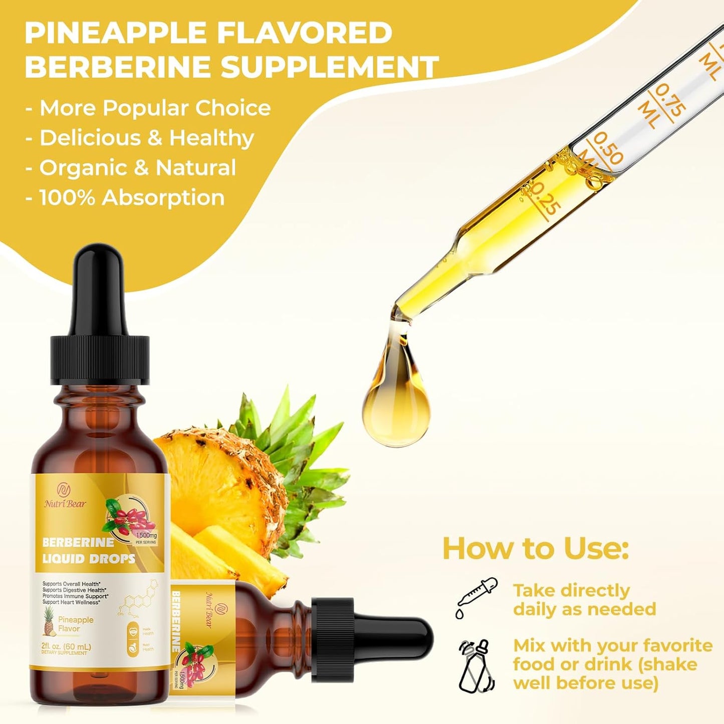 Nutribear Berberine Liquid Drops Supplement: AMPK Activator with Ceylon Cinnamon & Turmeric, Vegan Immune & Digestive Support