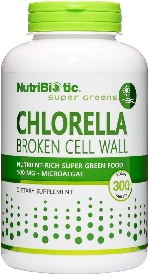 NutriBiotic Chlorella Super Green Food Tablets - 500mg, 300 Tabs - Broken Cell Wall Microalgae with Chlorophyll, Vitamins, Minerals - Vegan & Non-GMO