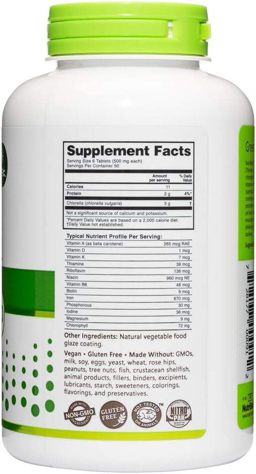 NutriBiotic Chlorella Super Green Food Tablets - 500mg, 300 Tabs - Broken Cell Wall Microalgae with Chlorophyll, Vitamins, Minerals - Vegan & Non-GMO