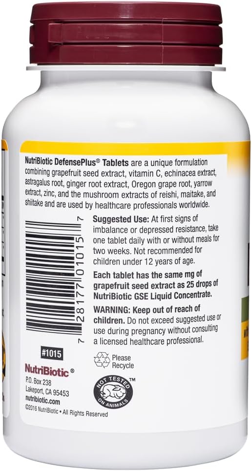 NutriBiotic DefensePlus 90 Tablets - Immune Support with Vitamin C, Zinc, Grapefruit Seed Extract, Echinacea, Astragalus Root, Mushrooms - Vegan & Gluten-Free
