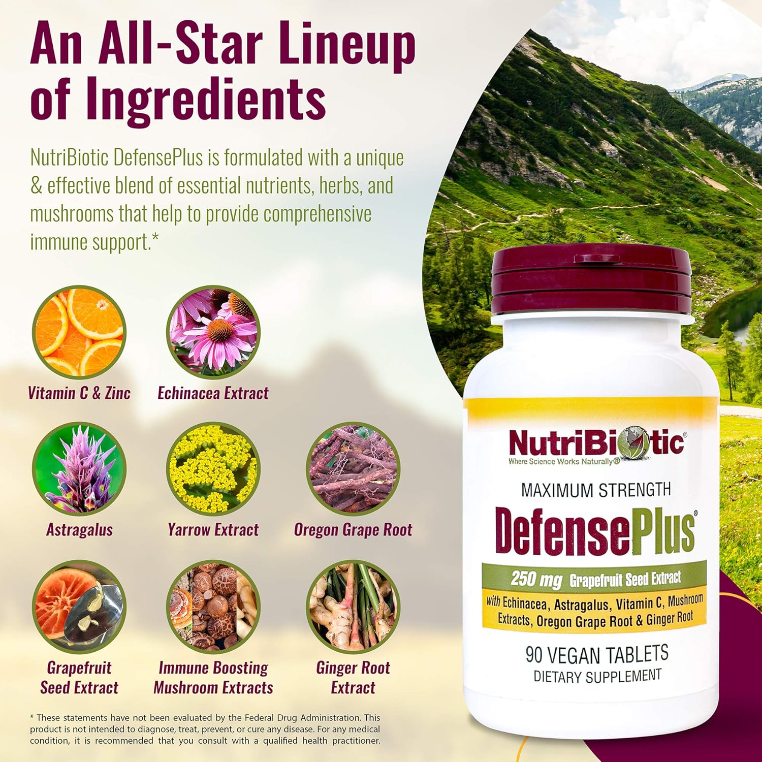 NutriBiotic DefensePlus 90 Tablets - Immune Support with Vitamin C, Zinc, Grapefruit Seed Extract, Echinacea, Astragalus Root, Mushrooms - Vegan & Gluten-Free