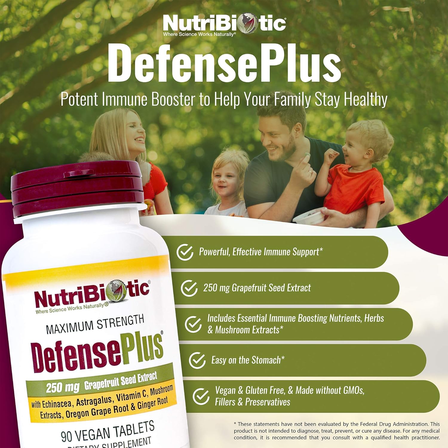 NutriBiotic DefensePlus 90 Tablets - Immune Support with Vitamin C, Zinc, Grapefruit Seed Extract, Echinacea, Astragalus Root, Mushrooms - Vegan & Gluten-Free