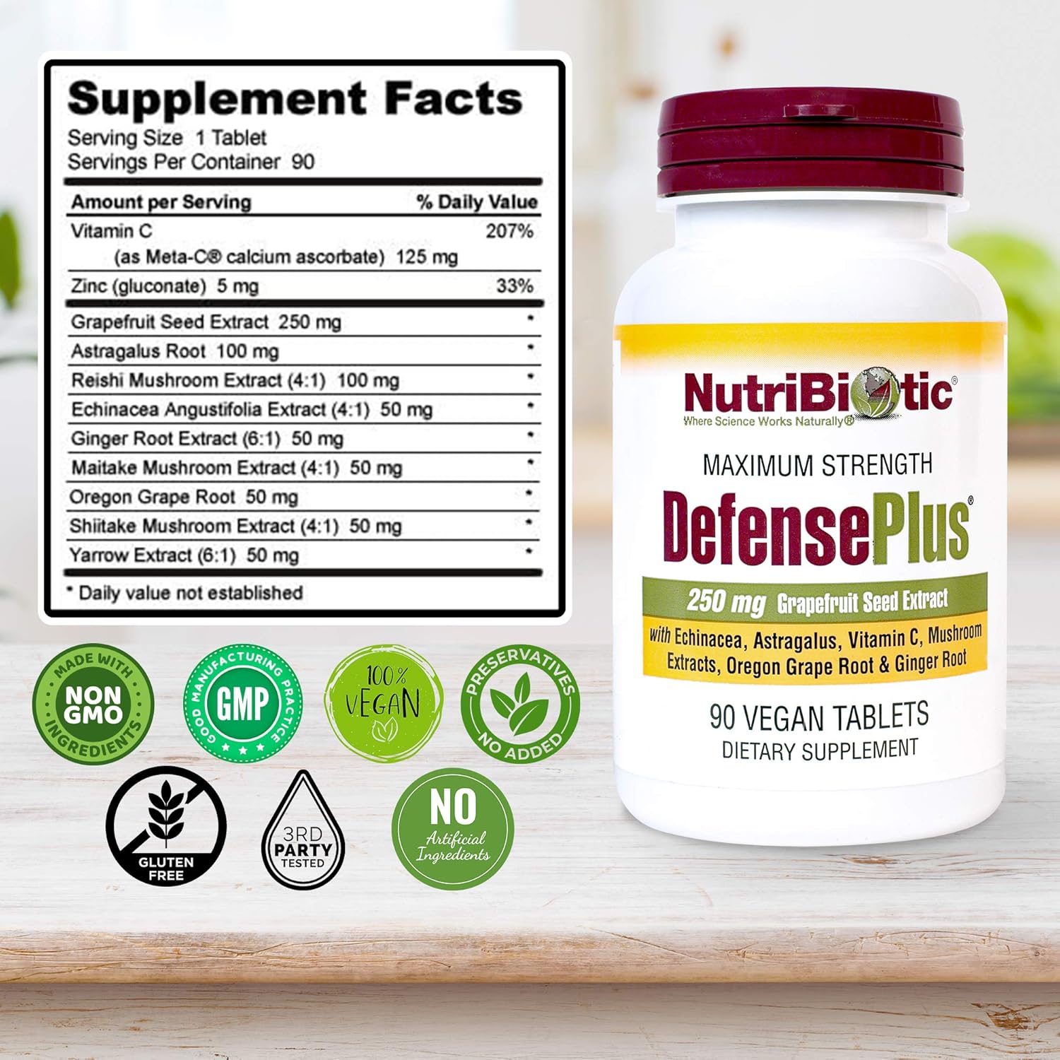 NutriBiotic DefensePlus 90 Tablets - Immune Support with Vitamin C, Zinc, Grapefruit Seed Extract, Echinacea, Astragalus Root, Mushrooms - Vegan & Gluten-Free