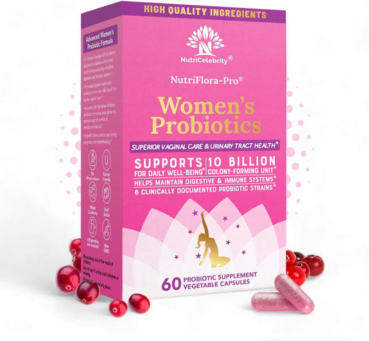 Nutricelebrity NutriFlora-Pro Probiotics for Women - Vaginal, Urinary, and Digestive Health Support - Cranberry Pills - 10 Billion CFU - 60 Capsules