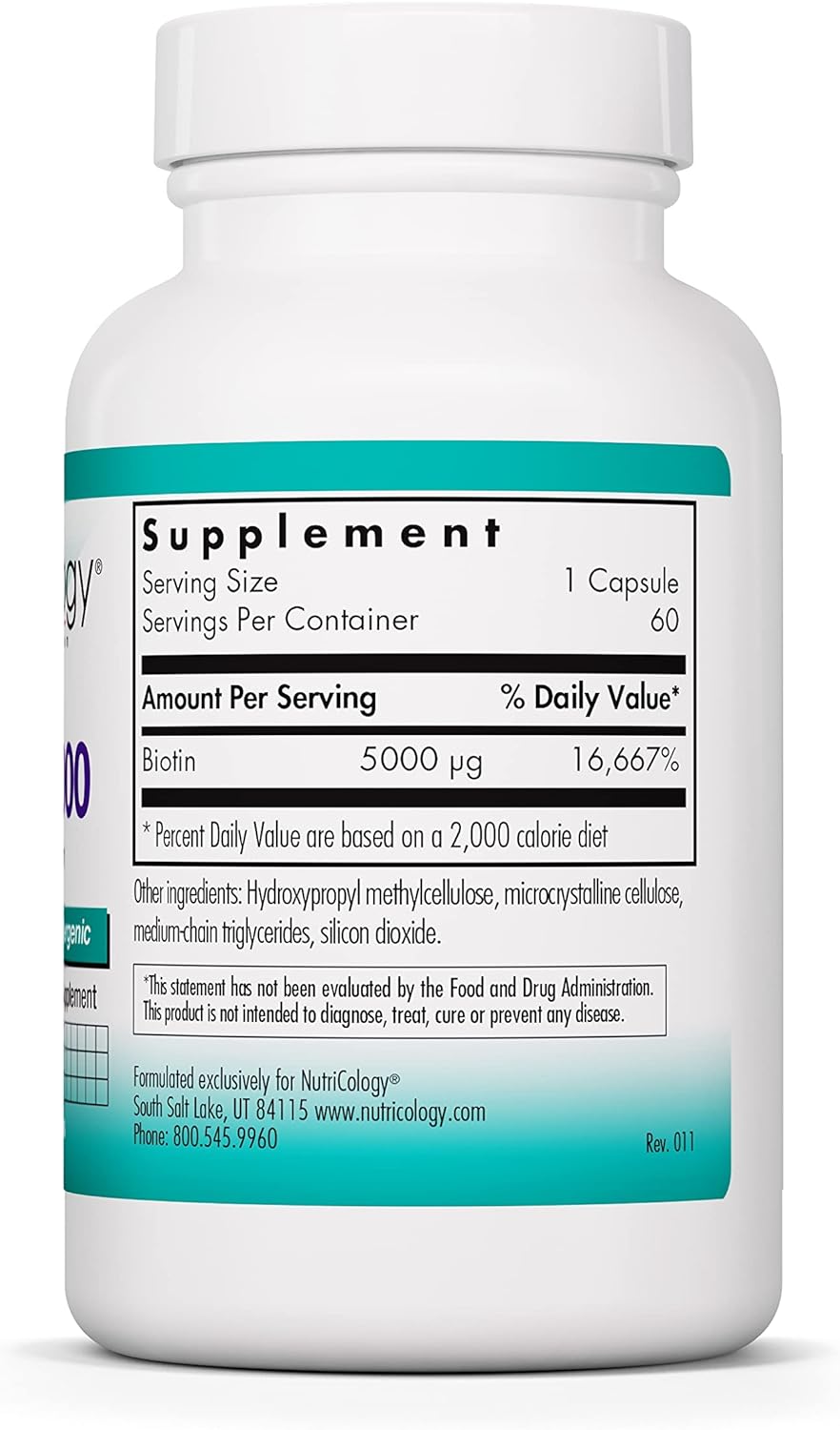 Nutricology Biotin 5000 Supplement - High Dose 5000mcg Biotin Capsules for Hair, Skin, Nails - Vegetarian, Hypoallergenic, Gluten Free - 60 Count