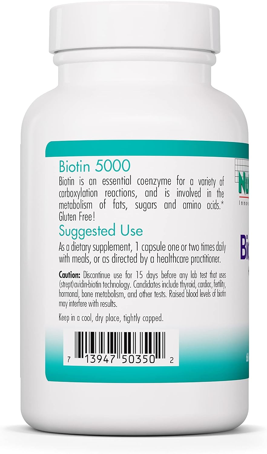 Nutricology Biotin 5000 Supplement - High Dose 5000mcg Biotin Capsules for Hair, Skin, Nails - Vegetarian, Hypoallergenic, Gluten Free - 60 Count