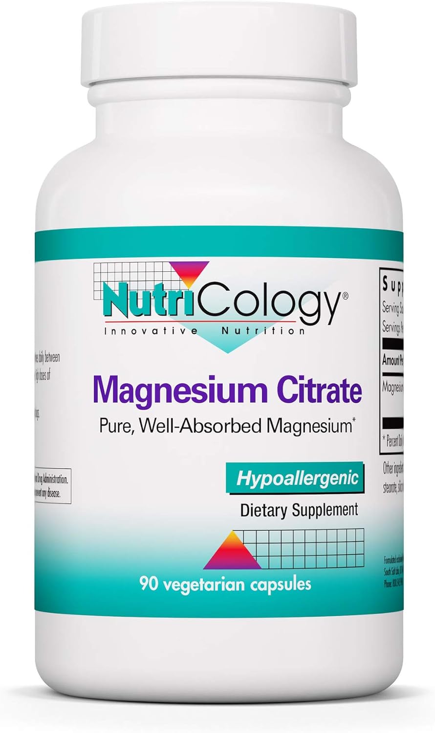 Nutricology Magnesium Citrate Supplement - Bone & Stress Support, Pure, Well-Absorbed, Hypoallergenic, 170mg Vegetarian Capsules - 90 Count