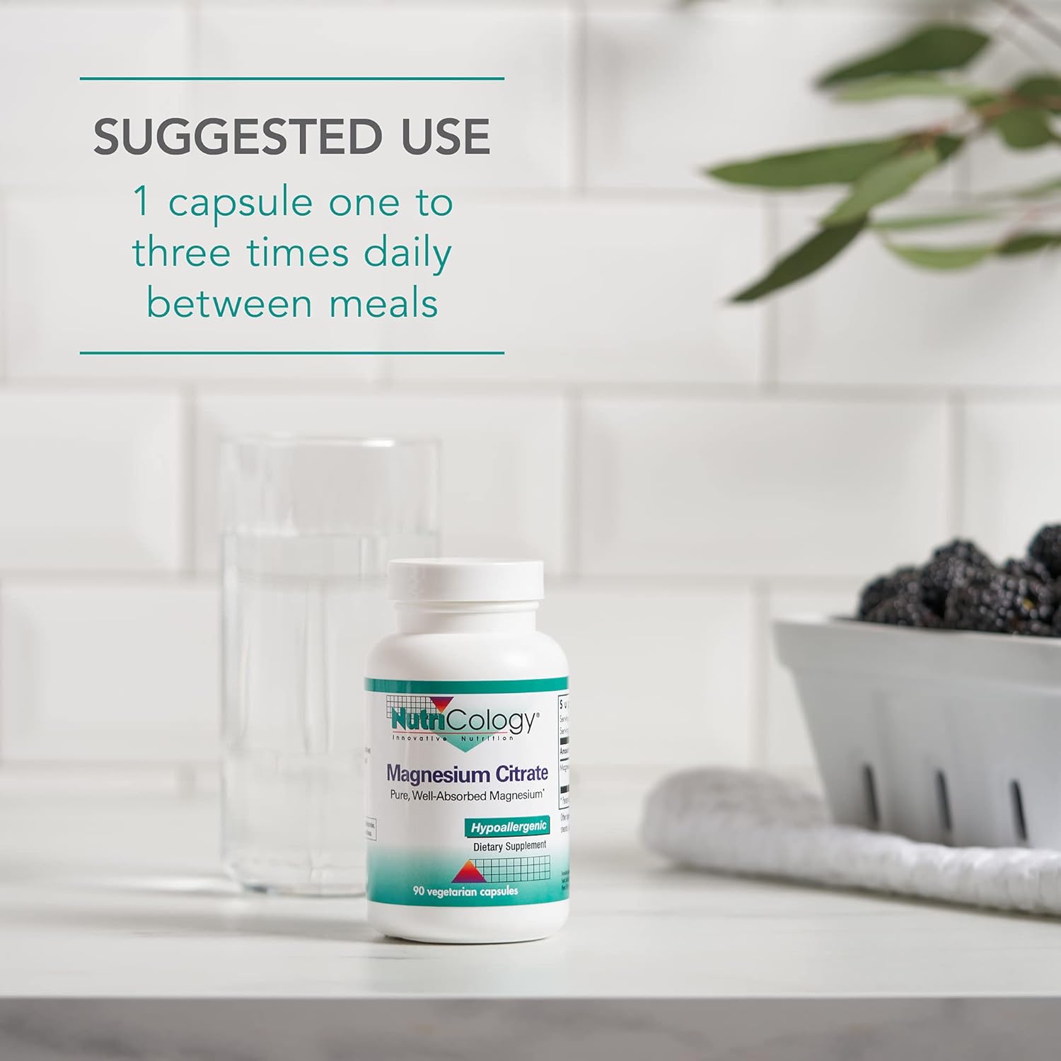 Nutricology Magnesium Citrate Supplement - Bone & Stress Support, Pure, Well-Absorbed, Hypoallergenic, 170mg Vegetarian Capsules - 90 Count