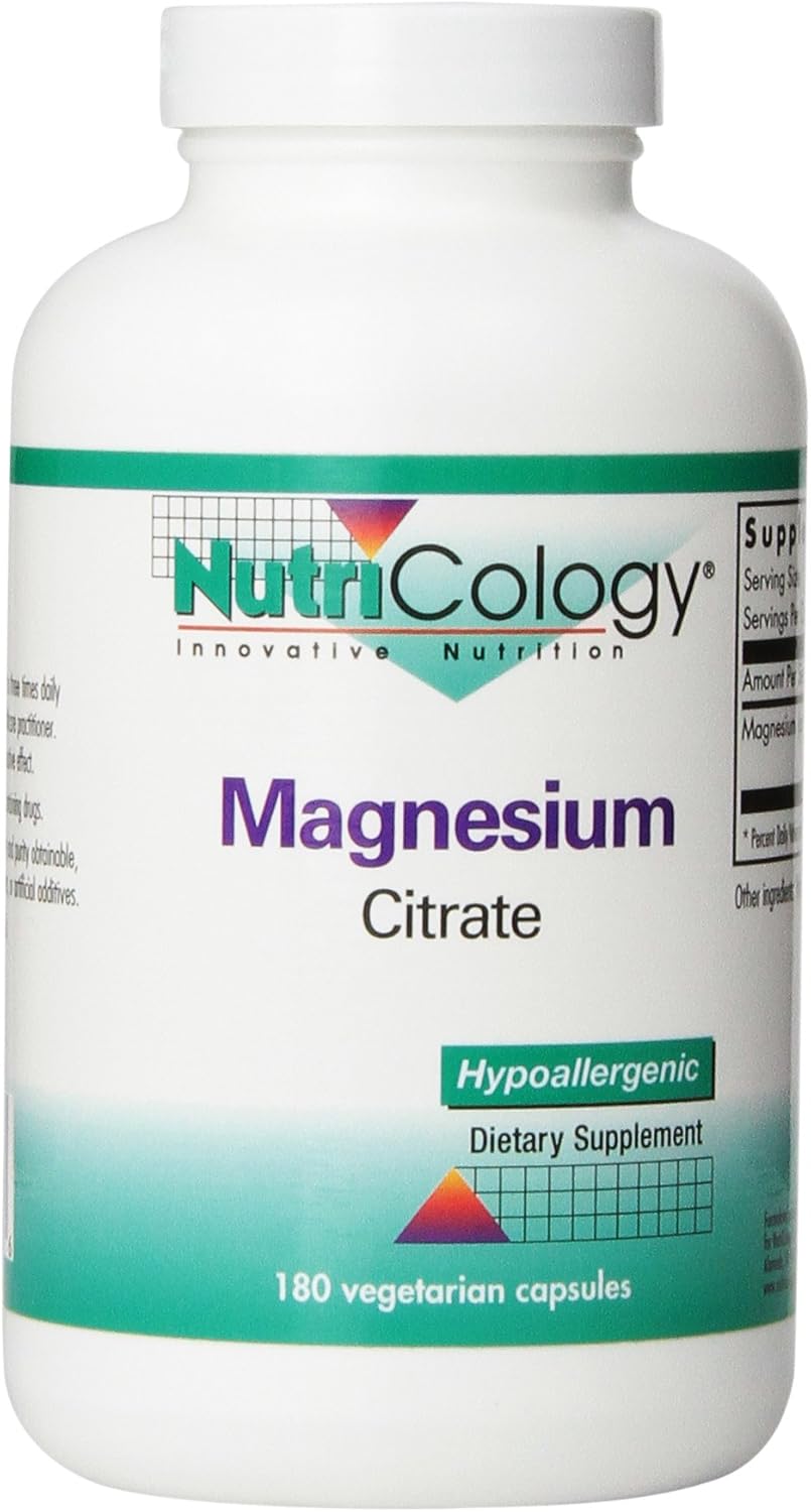 Nutricology Magnesium Citrate Supplement - Supports Bone Health & Stress Relief, Easily Absorbed, Hypoallergenic, Vegetarian Capsules, 180 Count