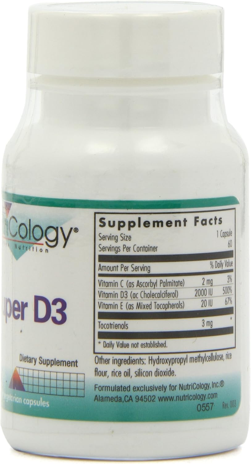 Nutricology Super D3 Vegetarian Capsules - Bone & Immune Support, Cholecalciferol with C & E, Gluten Free - 60 Count