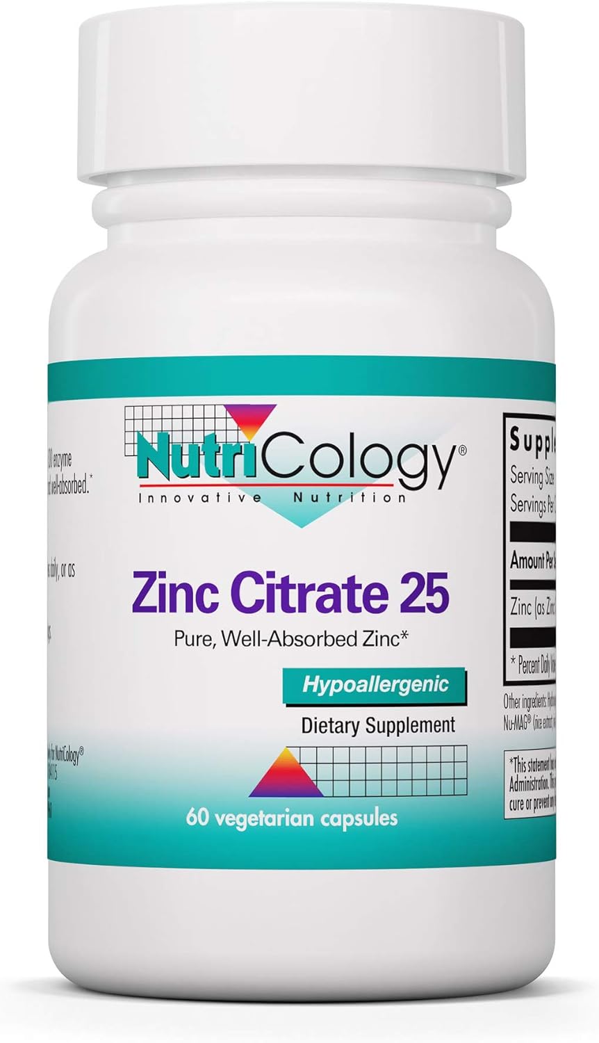 Nutricology Zinc Citrate Supplement - 25mg Immune Support for Men & Women, Pure Trace Mineral, Vegetarian Capsules - 60 Count