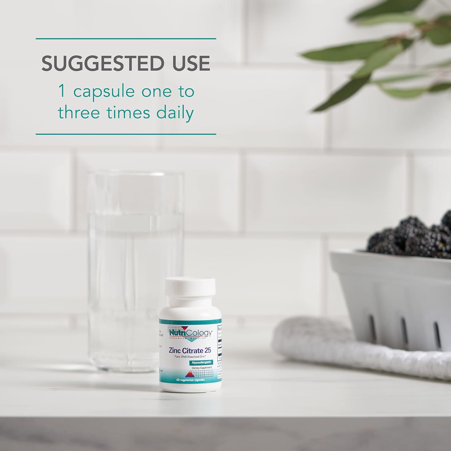 Nutricology Zinc Citrate Supplement - 25mg Immune Support for Men & Women, Pure Trace Mineral, Vegetarian Capsules - 60 Count