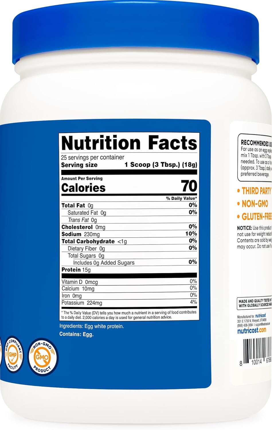 Nutricost 1lb Unflavored Egg White Protein Powder - Non-GMO, Gluten-Free Formula