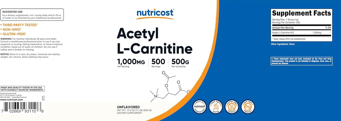 Nutricost ALCAR Powder - 500g - 1000mg Per Serving - Pure Acetyl L-Carnitine Supplement