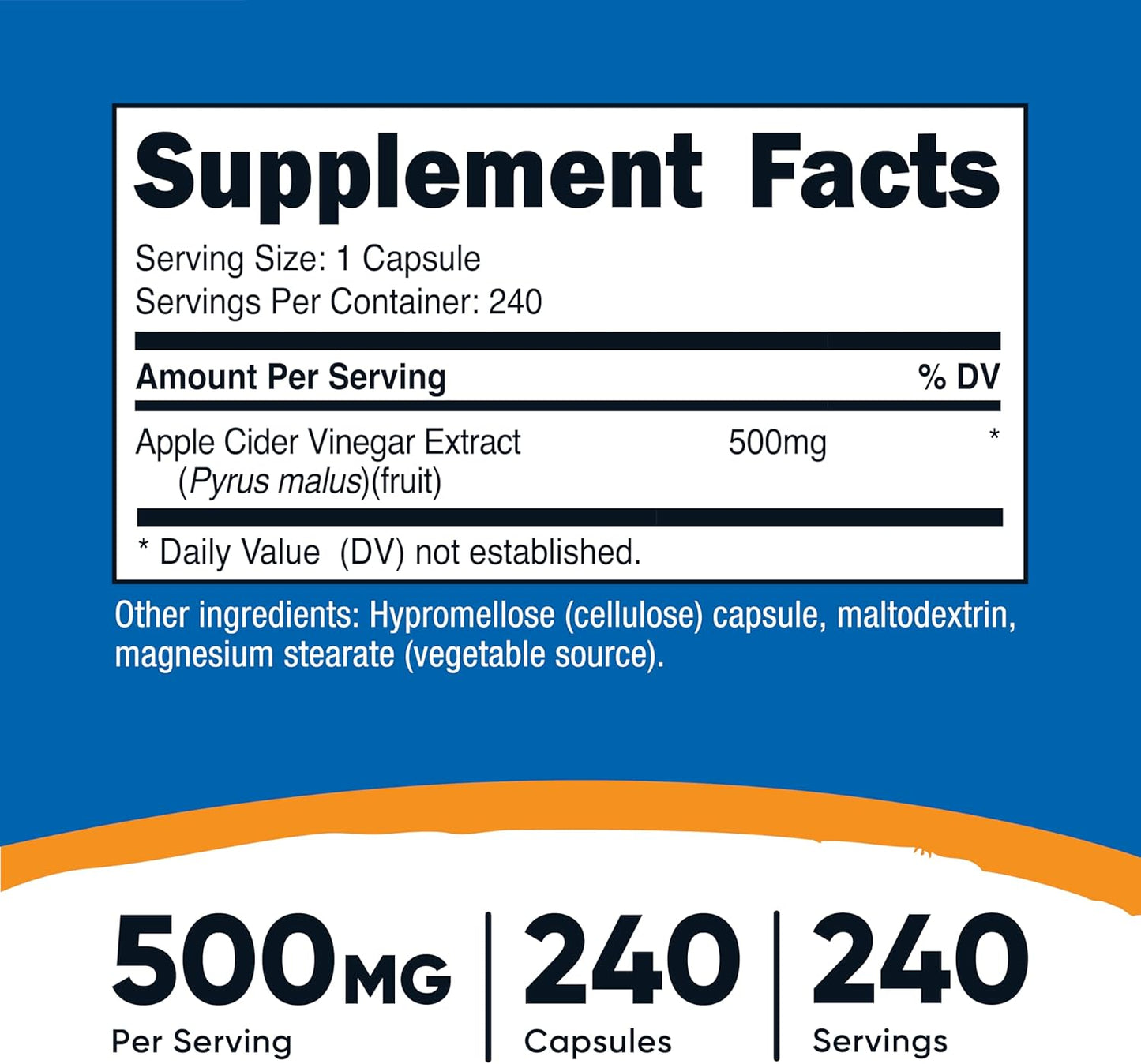 Nutricost Apple Cider Vinegar Capsules - 500mg, 240 Vegetarian Capsules - Natural, GMP, Non-GMO, Gluten Free