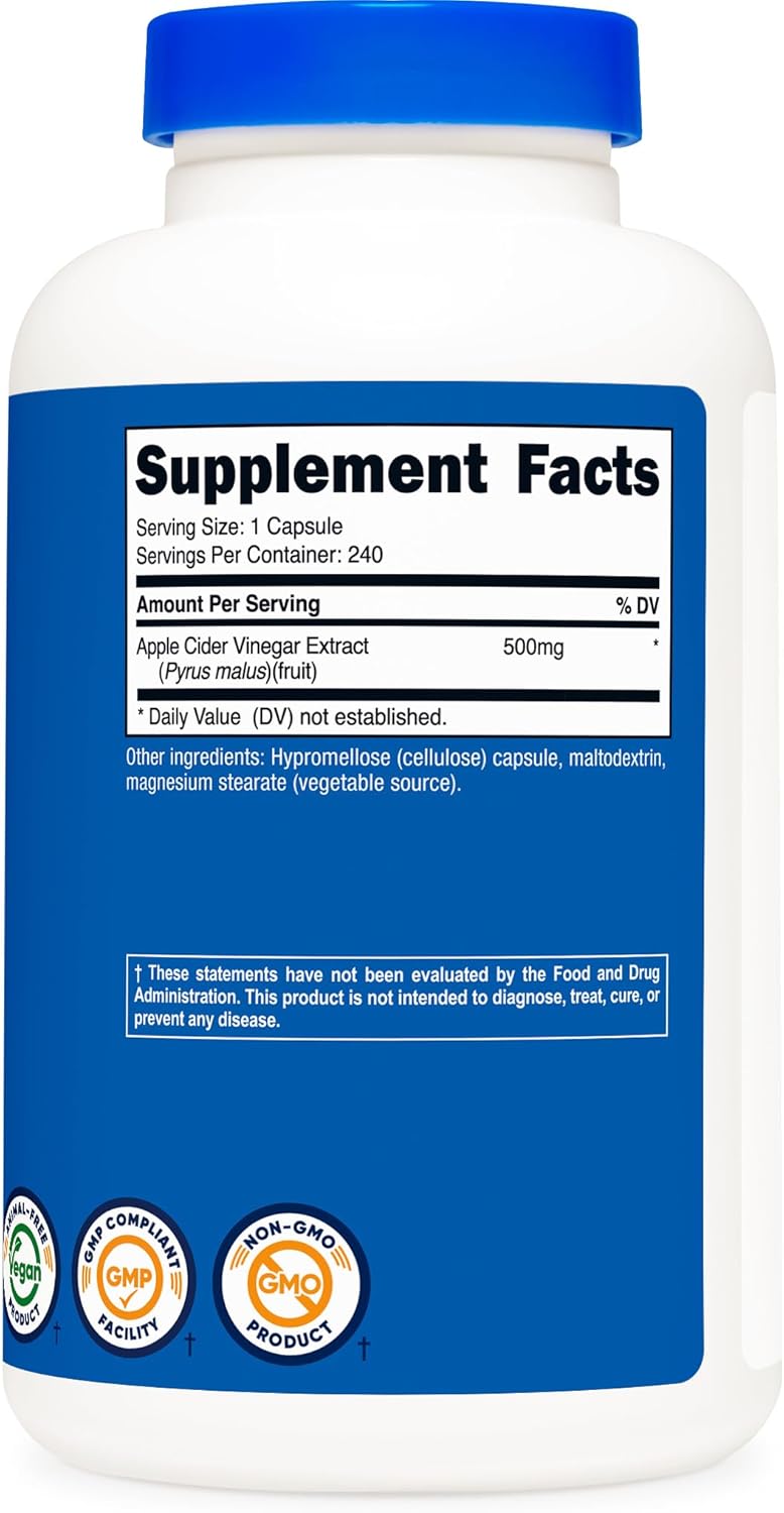 Nutricost Apple Cider Vinegar Capsules - 500mg, 240 Vegetarian Capsules - Natural, GMP, Non-GMO, Gluten Free