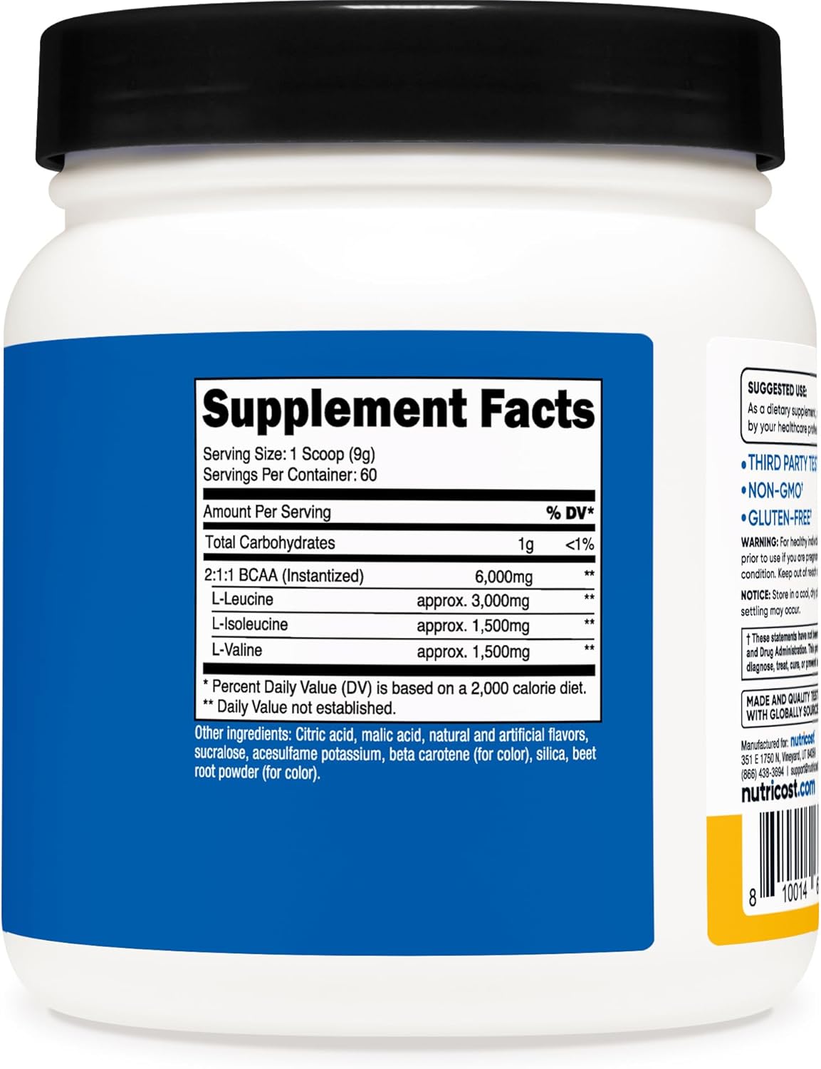 Nutricost BCAA Powder - Orange Mango Flavor, 60 Servings, 2:1:1 Ratio, Gluten Free, Non-GMO, Vegetarian Formula