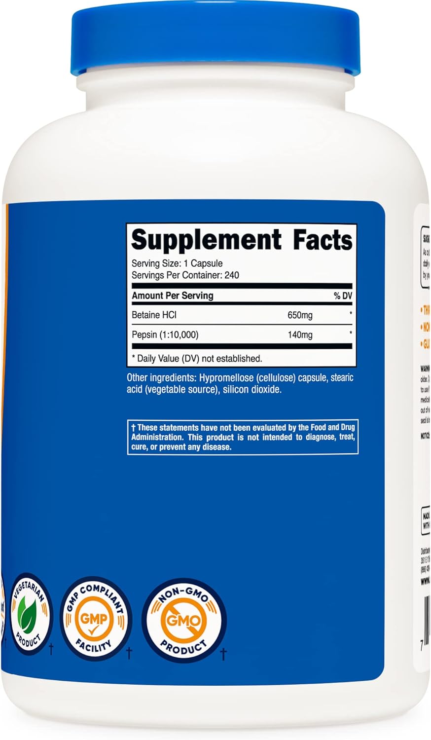 Nutricost Betaine HCl + Pepsin 790mg - 480 Capsules (2 Bottles) - Gluten Free & Non-GMO Supplement