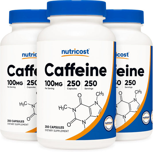 Nutricost Caffeine Pills 100mg, 250 Capsules x 3 - Energy Boost Supplement