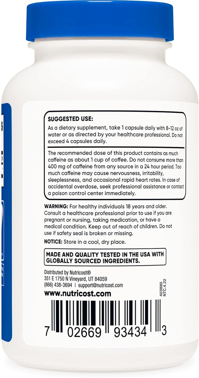 Nutricost Caffeine Pills 100mg, 250 Capsules x 3 - Energy Boost Supplement