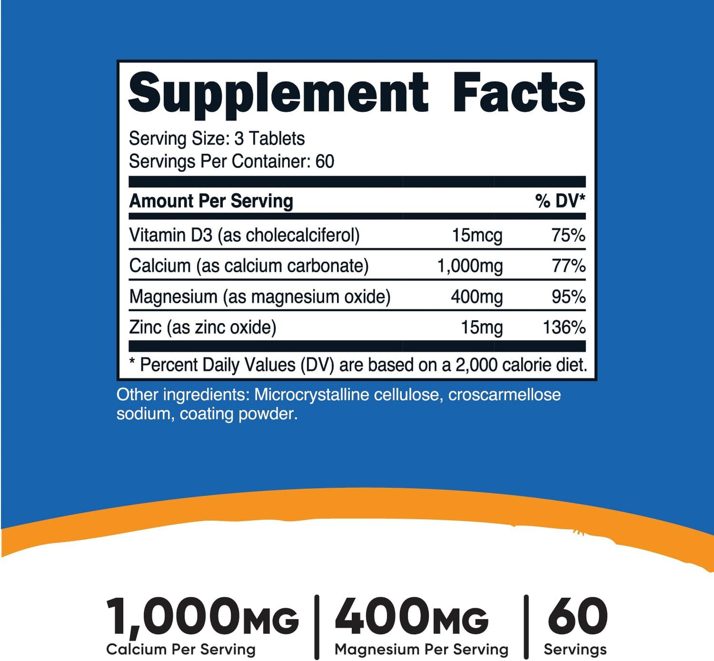 Nutricost Calcium, Magnesium & Zinc Tablets 1,415 mg - 180 Tablets, Vitamin & Mineral Supplement - Gluten Free, Non-GMO - 60 Servings