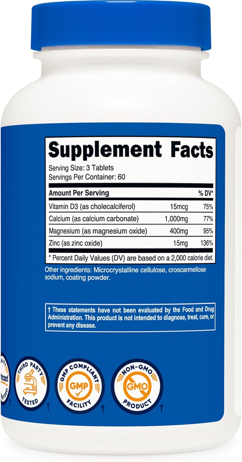 Nutricost Calcium, Magnesium & Zinc Tablets 1,415 mg - 180 Tablets, Vitamin & Mineral Supplement - Gluten Free, Non-GMO - 60 Servings