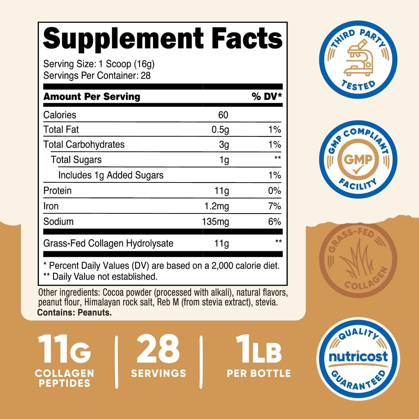 Nutricost Chocolate Peanut Butter Flavored Collagen Peptides - 1 LB Grass-Fed Hydrolysate, Gluten-Free