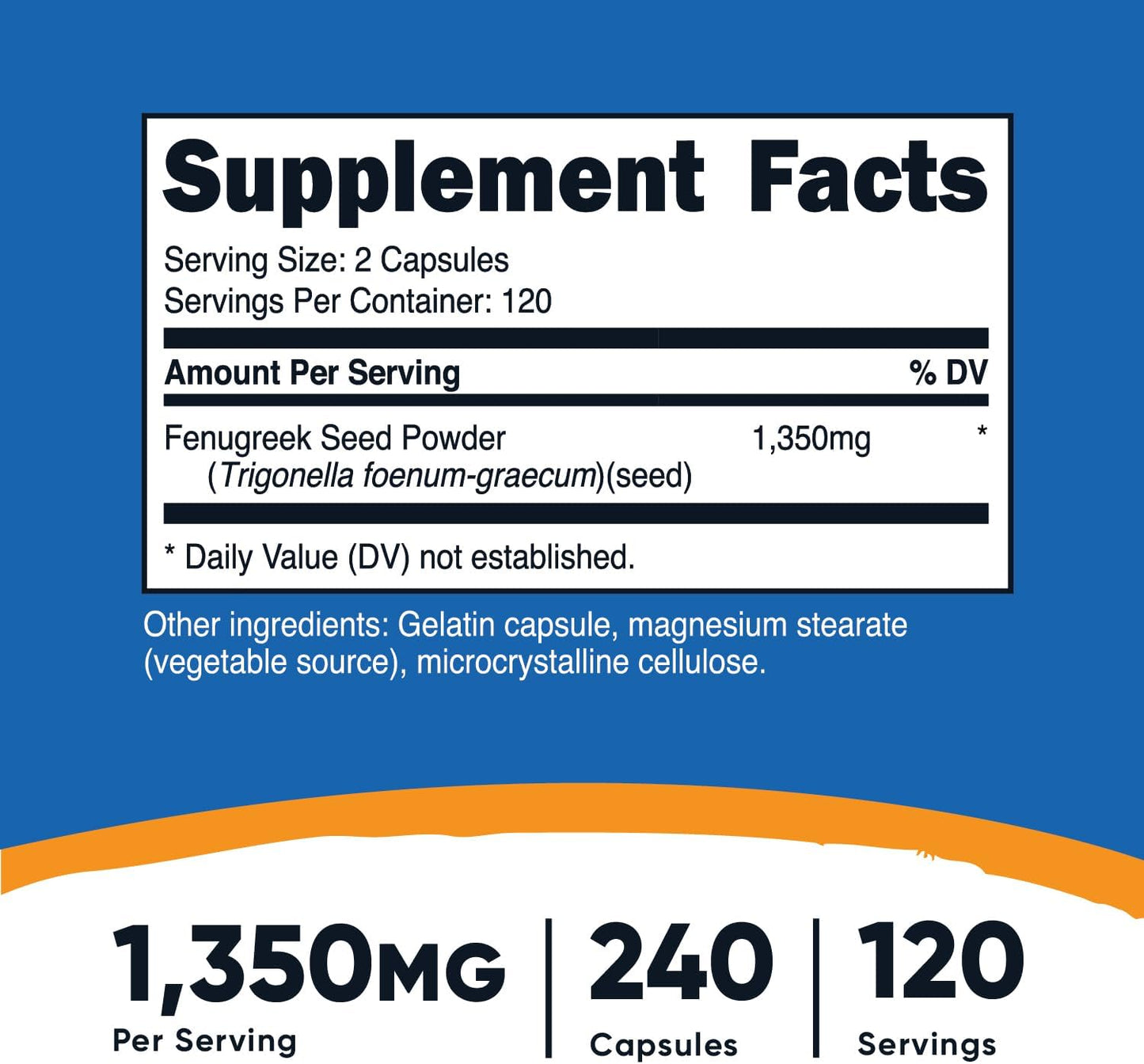 Nutricost Fenugreek Seed Capsules - 240 Count, 1350mg, Gluten-Free, Non-GMO, 675mg per Capsule