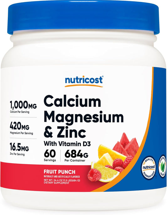 Nutricost Fruit Punch Calcium Magnesium Zinc Vitamin D3 Powder - 60 Servings, 1000mg Calcium, 420mg Magnesium, 16.5mg Zinc, 30mcg Vitamin D3 - Gluten Free, Non-GMO